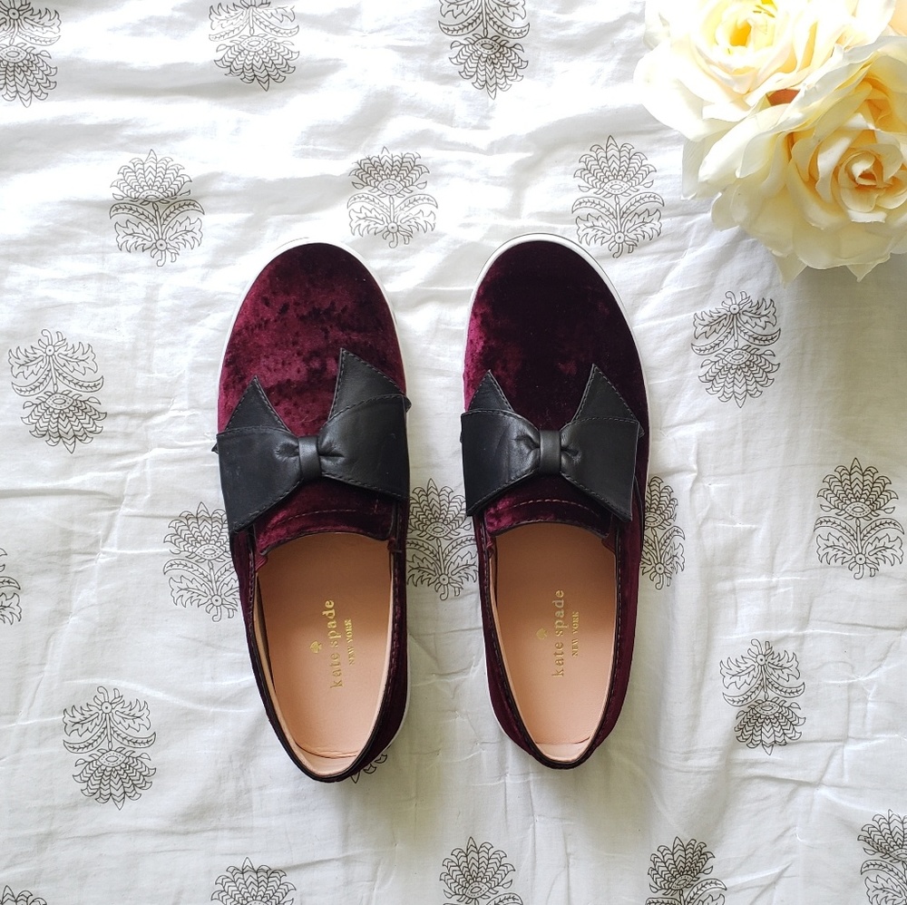 kate spade Burgundy Velvet Bow Slip-On Sneakers